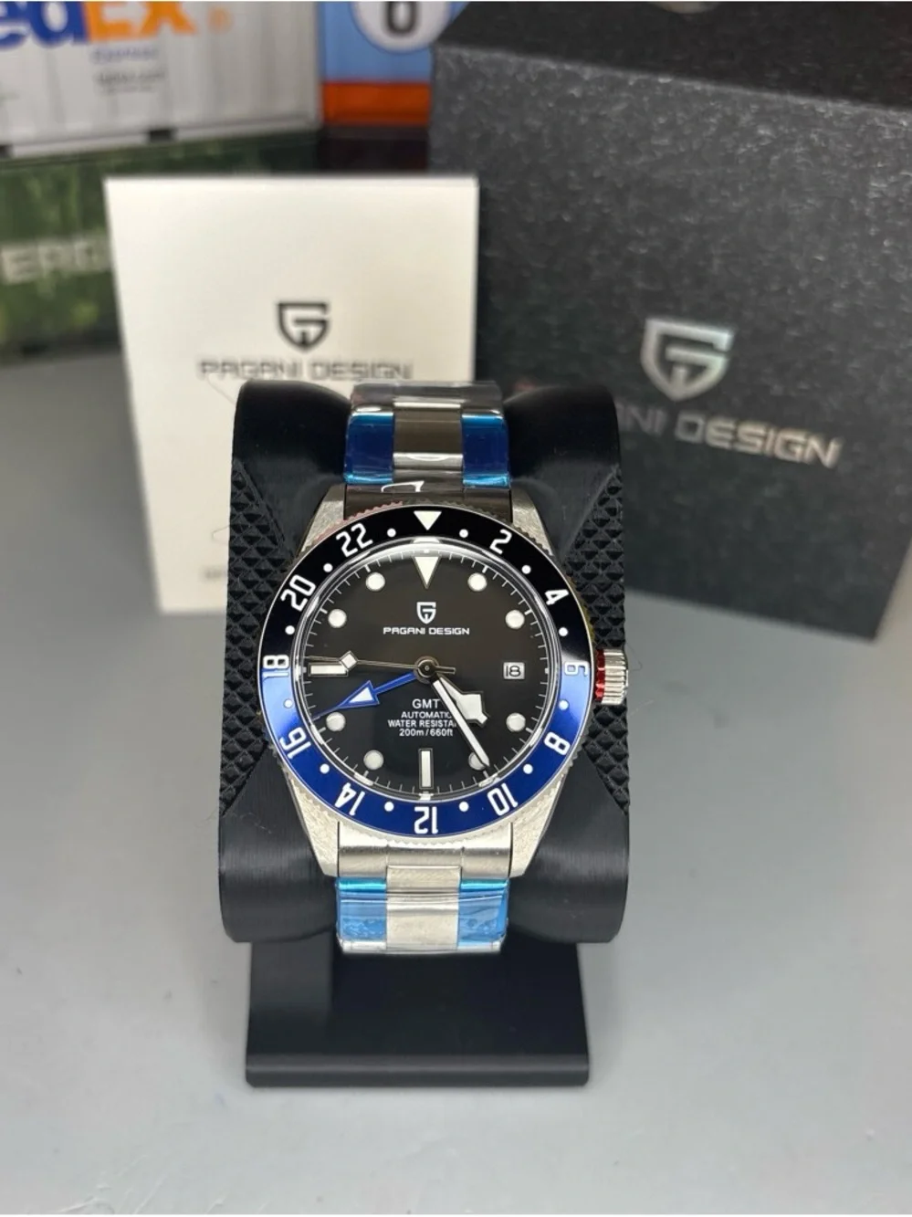 PAGANI DESIGN Black and Blue GMT Automatic Men's Stainless Steel Watch 41mm